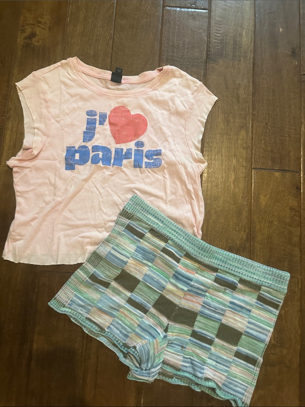 Girls Pink 'J' Heart Paris' Short Pajama Set - Pink & Blue-Green